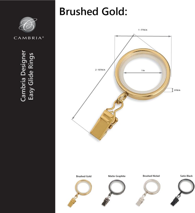 MODE Cambria Designer Series - Premium Easy Glide 18 Count Small Curtain Rings - Metal with Nylon Inserts and Clips - 1 inch Inner Diameter - use for rods 5/8" or Smaller - Brushed Gold - Image 3